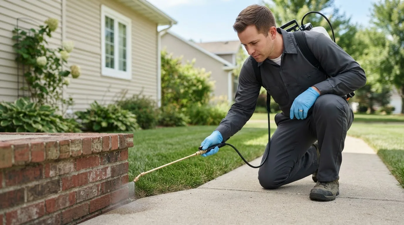 Pest control technician treating a home near Logan, KS