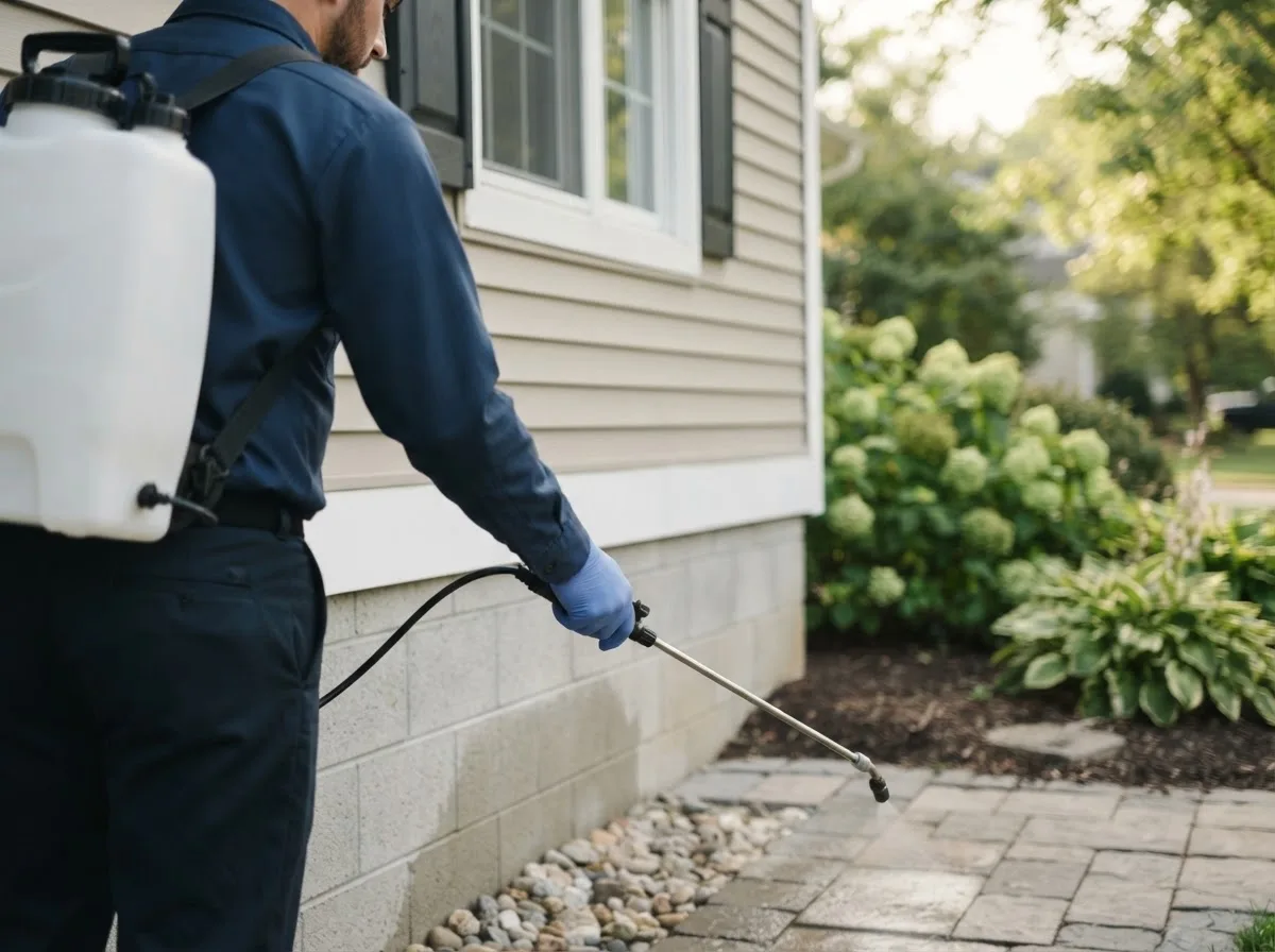 Pest control technician inspecting a home in Logan, KS